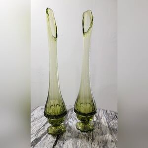 2 MCM Vintage Fenton Valencia Swung Vase  16" Tall Olive Green with Petal Base
